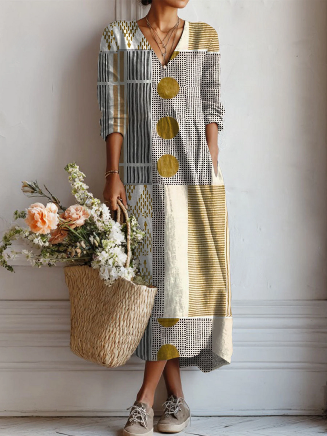 Women's Vintage Abstract Geometry Art Print Linen Pocket Tunic Dress