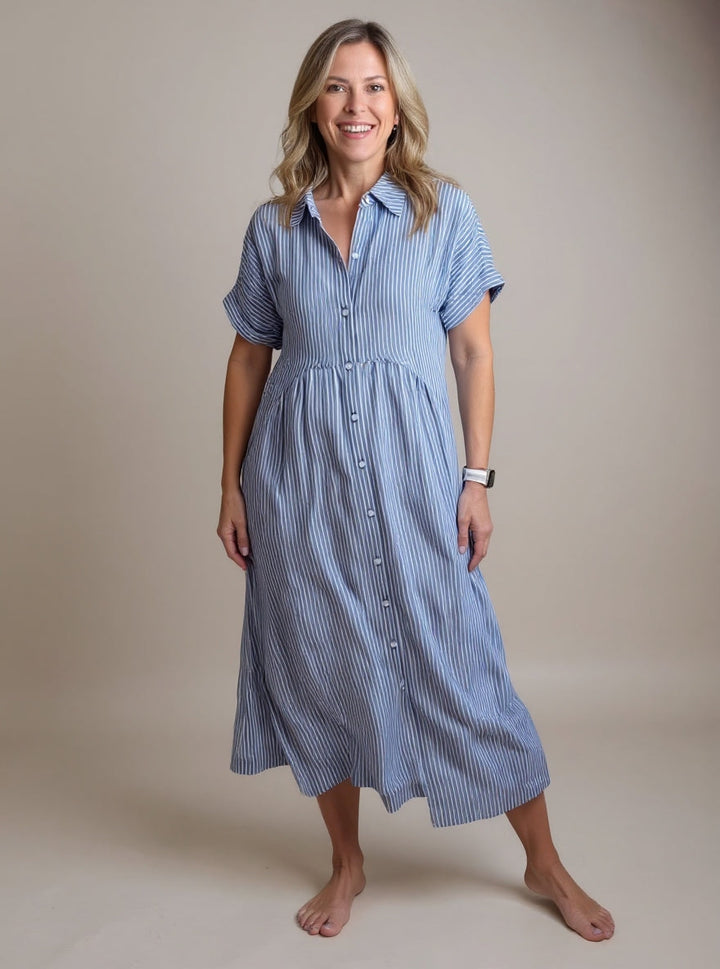 MADELINE – STRIPED BUTTON-DOWN RELAXED MIDI DRESS