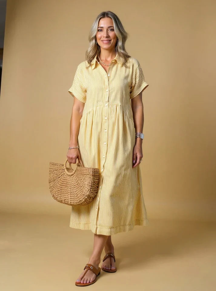 MADELINE – STRIPED BUTTON-DOWN RELAXED MIDI DRESS