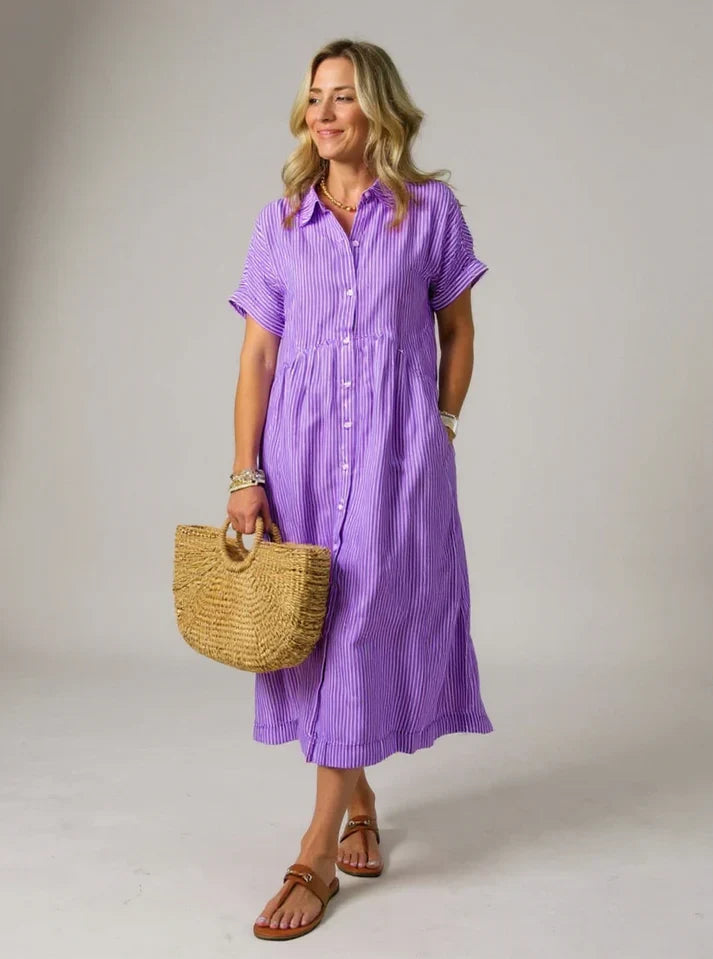 MADELINE – STRIPED BUTTON-DOWN RELAXED MIDI DRESS
