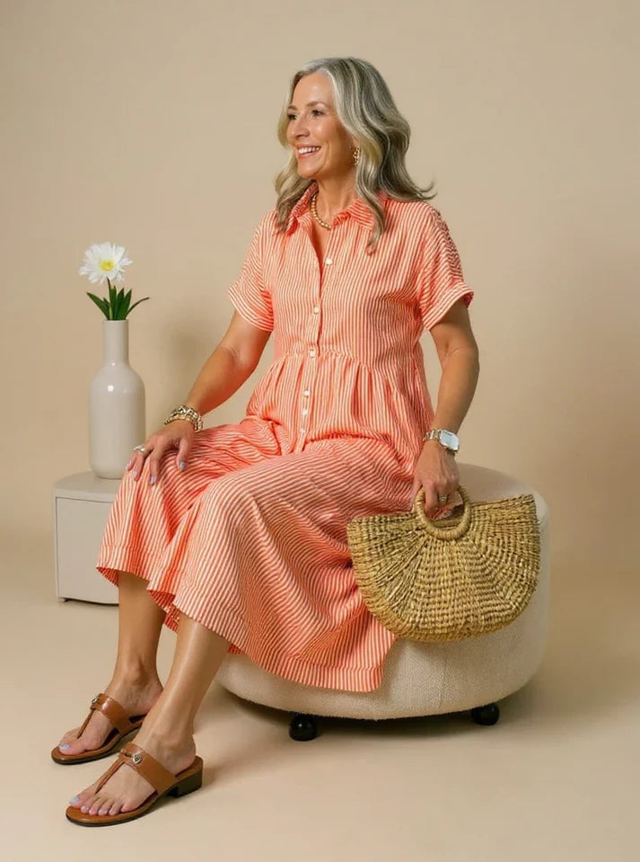 MADELINE – STRIPED BUTTON-DOWN RELAXED MIDI DRESS