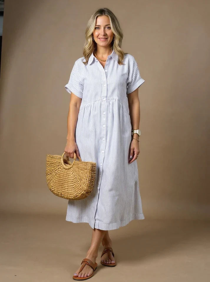 MADELINE – STRIPED BUTTON-DOWN RELAXED MIDI DRESS