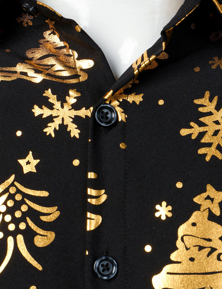 Nalcolm - Men's Gold Christmas Print Black Long Sleeve Shirt