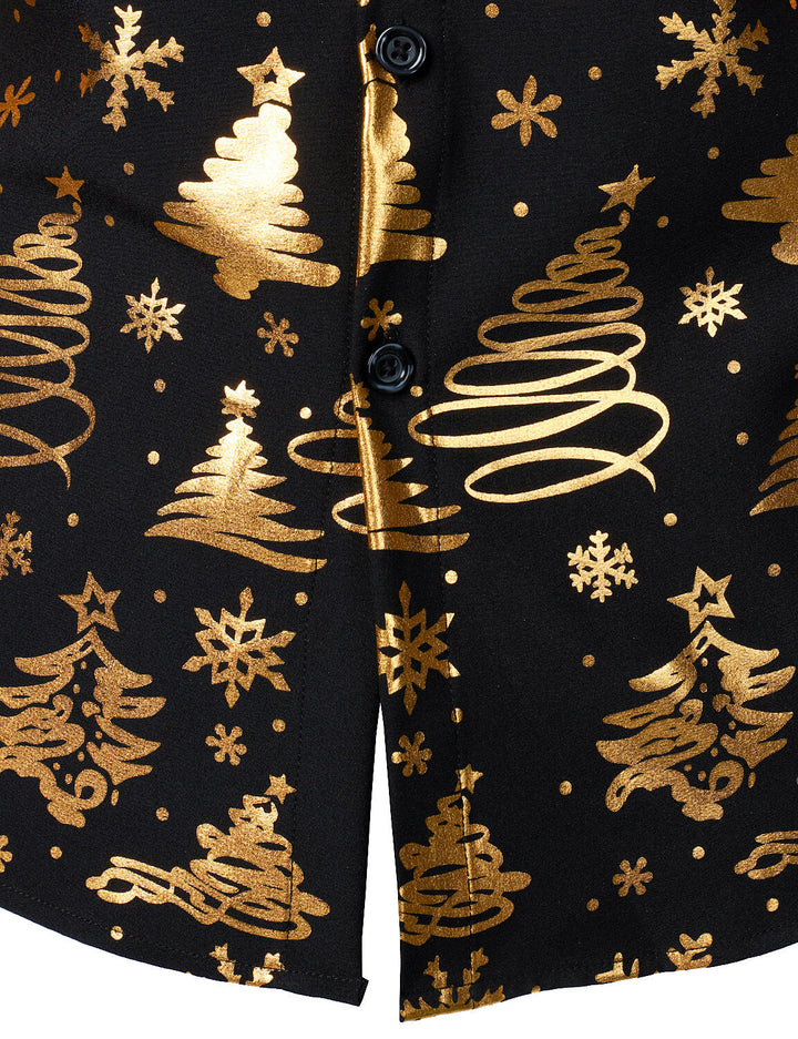 Nalcolm - Men's Gold Christmas Print Black Long Sleeve Shirt