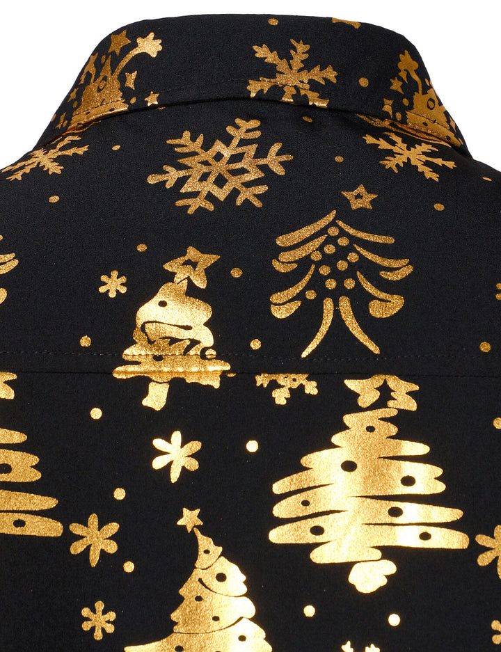 Nalcolm - Men's Gold Christmas Print Black Long Sleeve Shirt