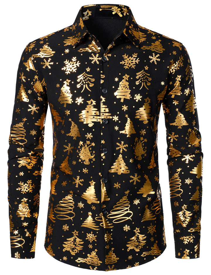 Nalcolm - Men's Gold Christmas Print Black Long Sleeve Shirt