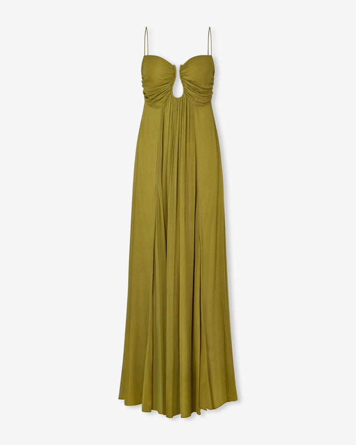 KORA – SUN-WASHED OLIVE RUCHED MAXI DRESS