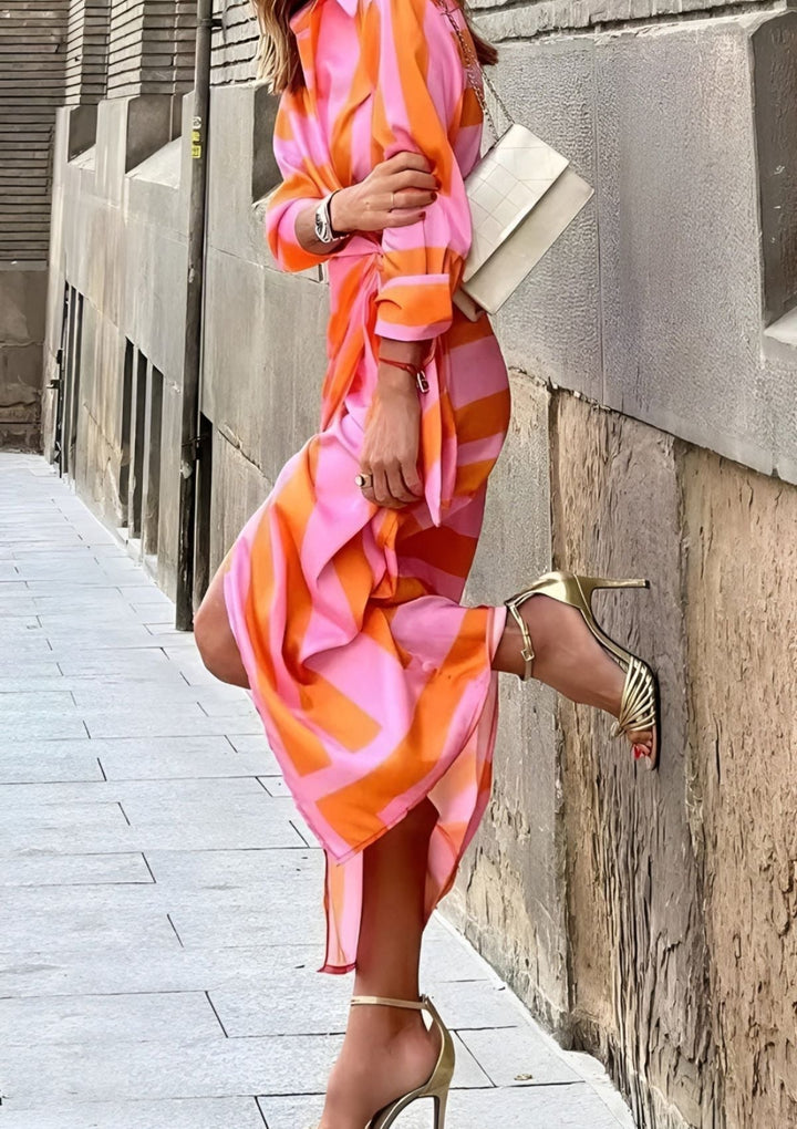 Olivia – Printed Waist-Cinching Shirt Dress