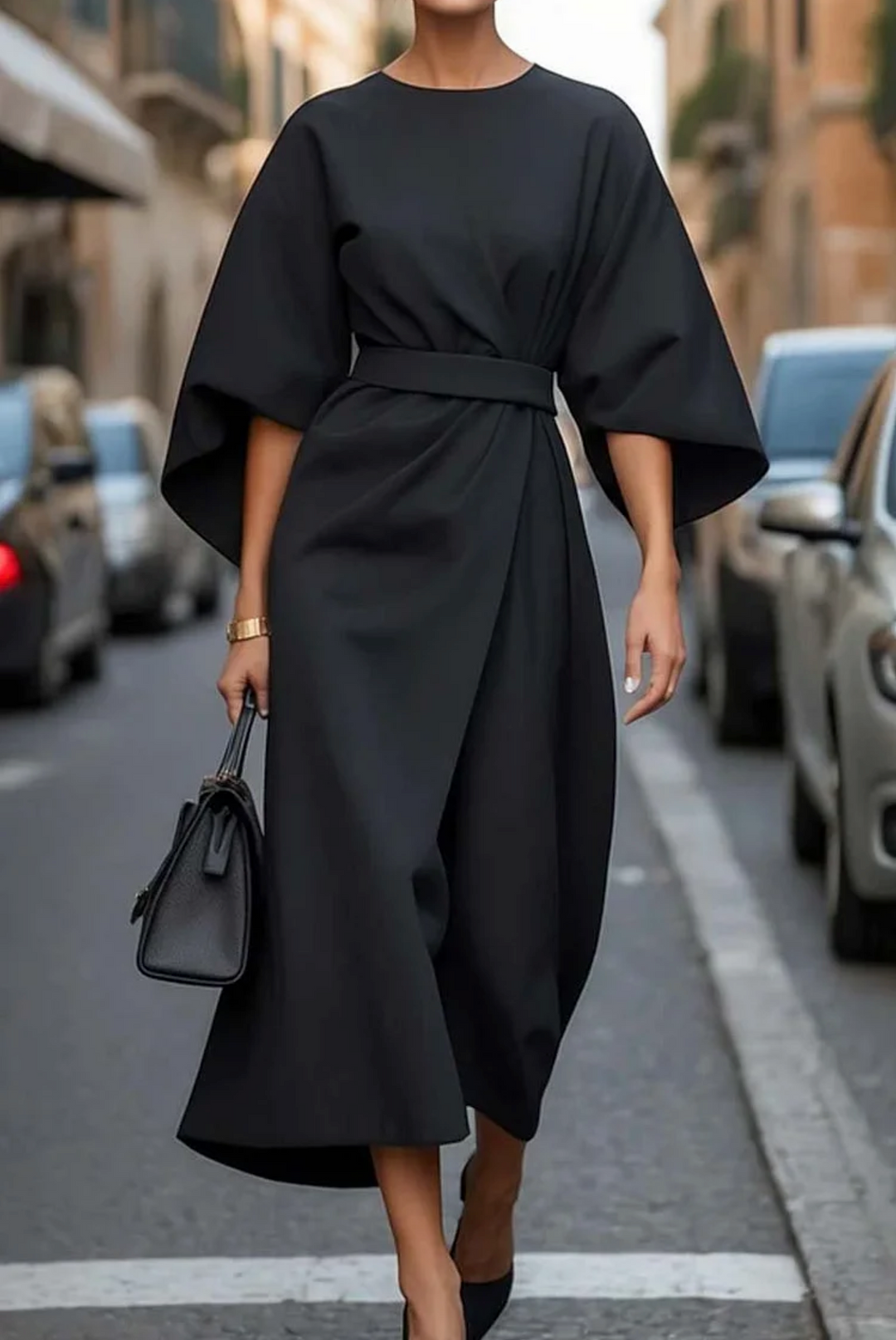 ADRIANA – ELEGANT BELTED BATWING MIDI DRESS