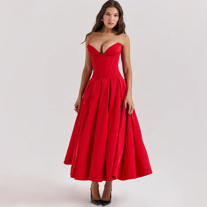 Aria – Sleek Strapless Pleated Midi Dress