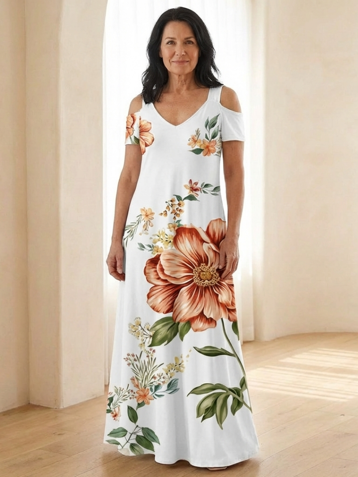Calista | Floral V Neck Short Sleeve Maxi Dress