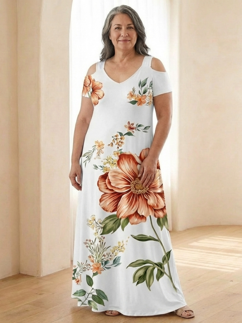 Calista | Floral V Neck Short Sleeve Maxi Dress