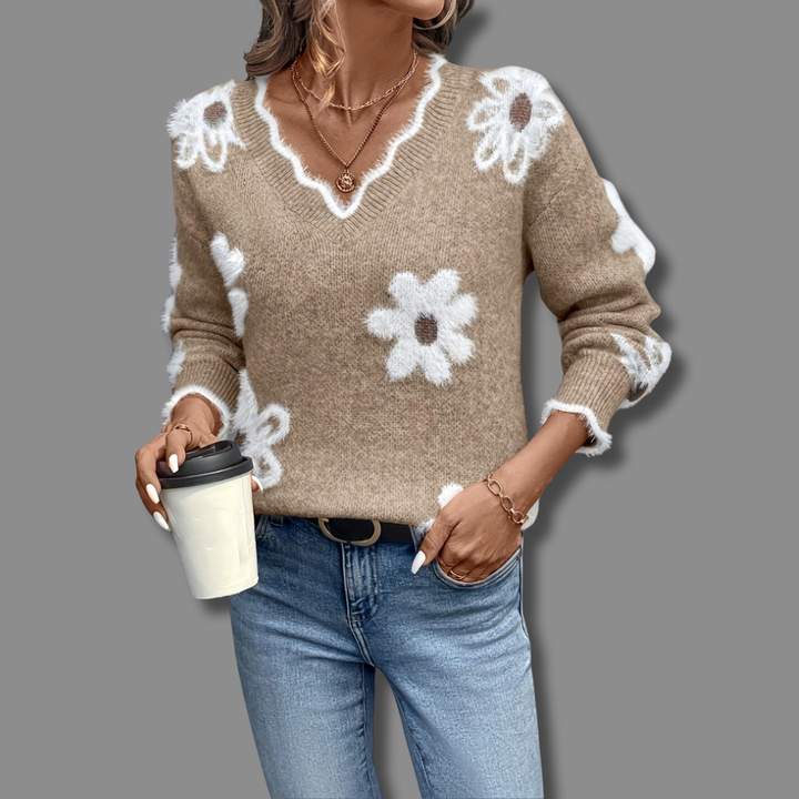 SOFIA – FLORAL KNIT V-NECK SWEATER