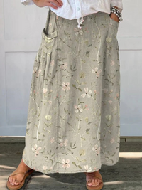 Women's Vintage Floral Art Linen Elastic waistband Pocket Skirt