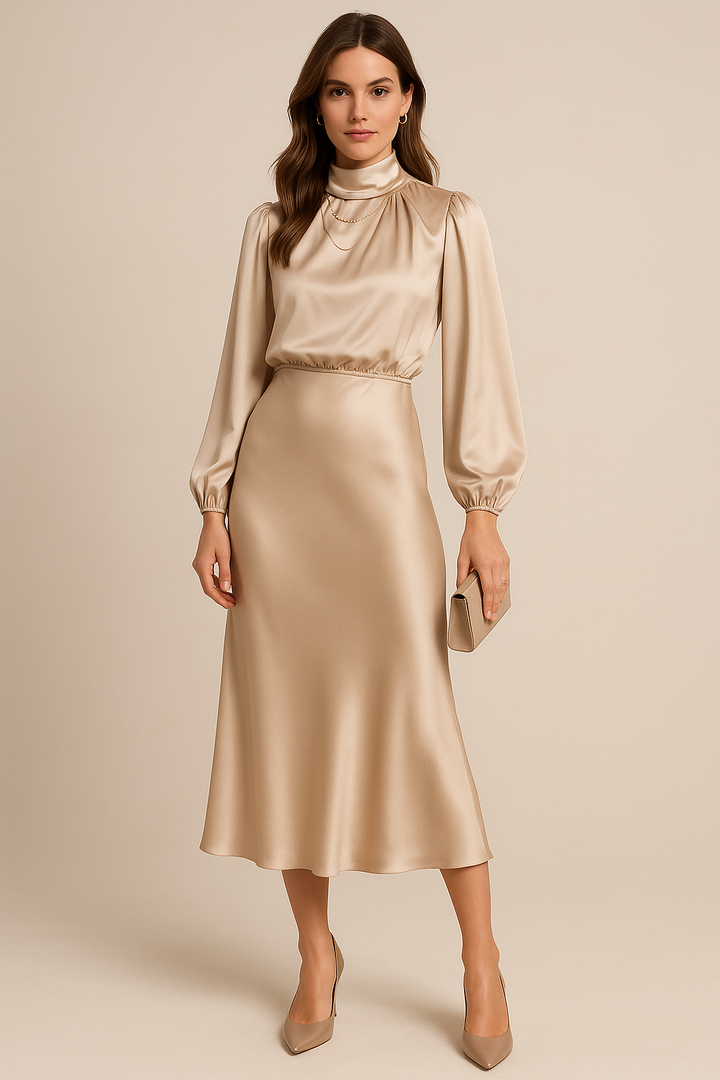 Midi Dress - High Neck, High Waist