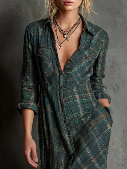 Harper - Western Plaid Maxi Shirt Dress