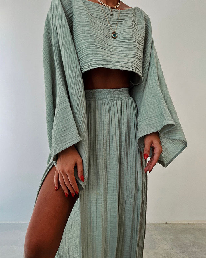 Stylish Polyester and Linen Split Two-Piece Set