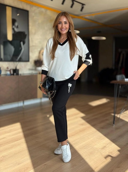 ALINA – SOFT V-NECK TWO-TONE LOUNGE SET