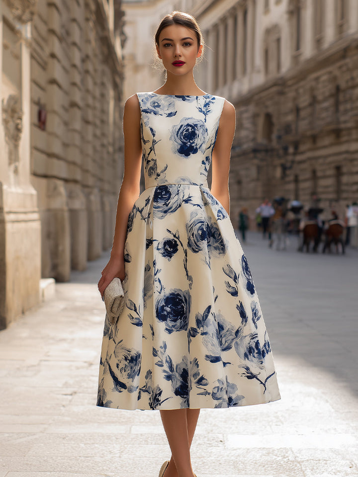 Floral Sleeveless A-Line Cotton-Blend Midi Dress