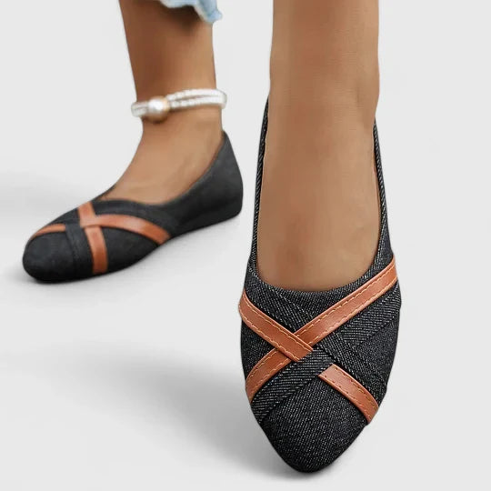 NATHALIE – CROSS-STRAP DENIM FLATS