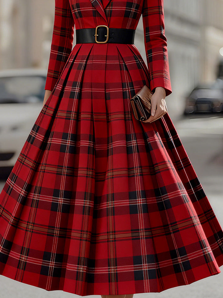 Statement Red Plaid Trench Dress With Gold Buckle Belt