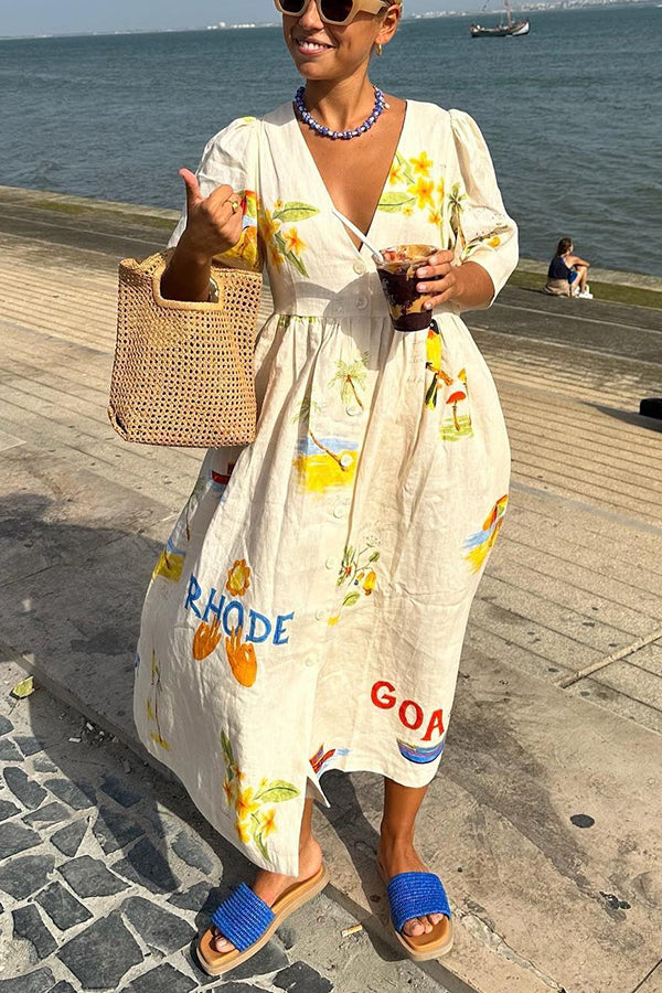 Zoey – Summer Midi Dress with Illustration Print