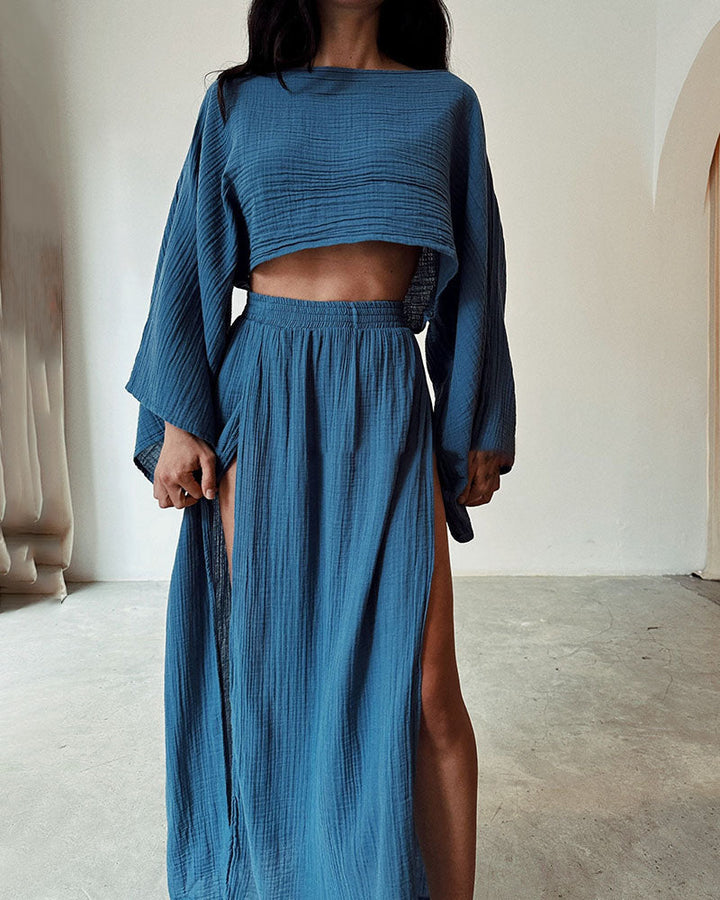 Stylish Polyester and Linen Split Two-Piece Set