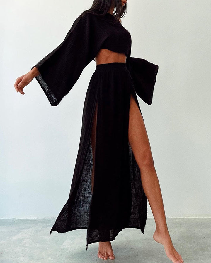 Stylish Polyester and Linen Split Two-Piece Set