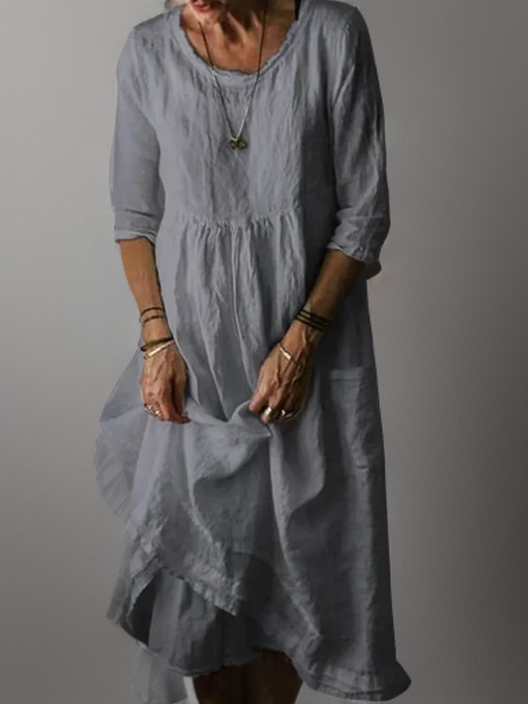 Katie - Summer Pleated Cotton Linen Midi Dress