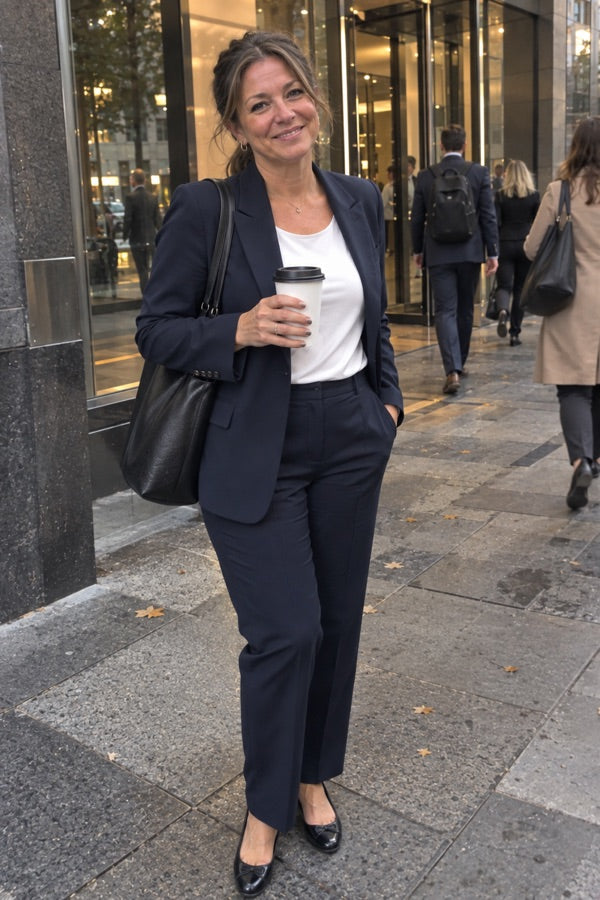Customer photo of Rebecca Johnson in a navy blazer and trousers after work